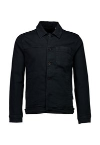 Chaqueta de denim negro con cuello, cierre de botones y un solo bolsillo en el pecho, con una textura suave y un diseño ajustado.
