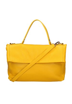 Gele leren handtas met bovenhandgreep en afneembare schouderriem, rechthoekige vorm, gestructureerd oppervlak, sluiting met gevouwen klep.