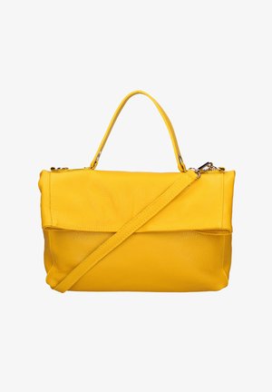 Gele leren handtas met bovenhandgreep en afneembare schouderriem, rechthoekige vorm, gestructureerd oppervlak, sluiting met gevouwen klep.