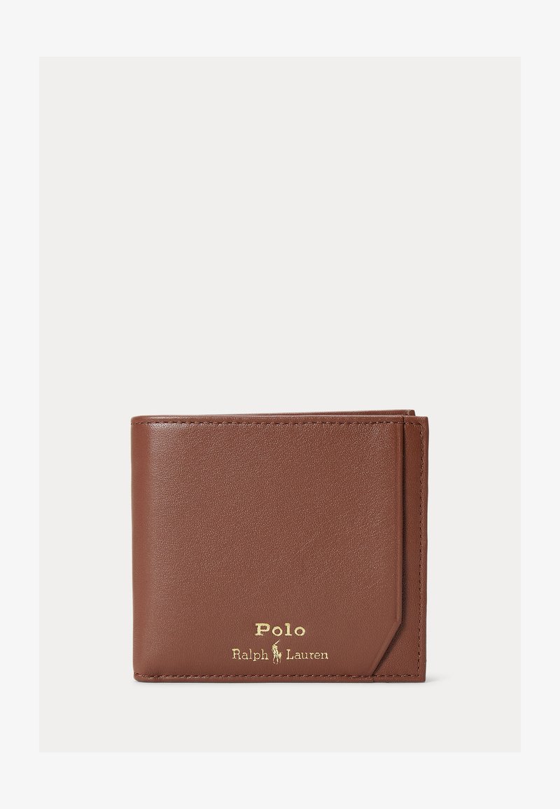 Bruine leren bifold portemonnee met het gouden Polo Ralph Lauren-logo geperst op de voorkant rechtsonder.
