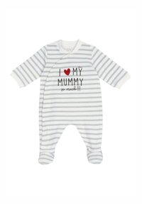 Body neonato a righe grigie e bianche con maniche lunghe, decorato con una grafica a forma di cuore rosso e testo nero: "Amo la MIA MAMMA tantissimo!!!"