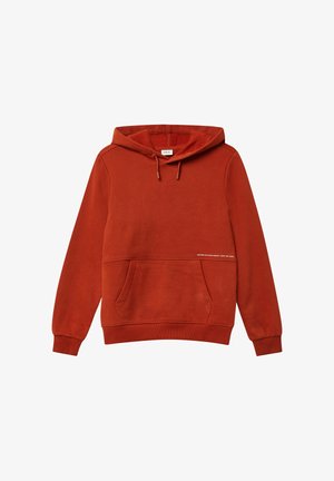 Rode sweatshirt met capuchon, gemaakt van zachte stof, met een kangoeroezak, geribde manchetten en een tekstdetail aan de zijkant near de zoom.