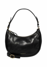 Borsetta a mezzaluna in pelle nera con tracolla regolabile, zip dorata e logo "Burkely" impresso in oro sul davanti.