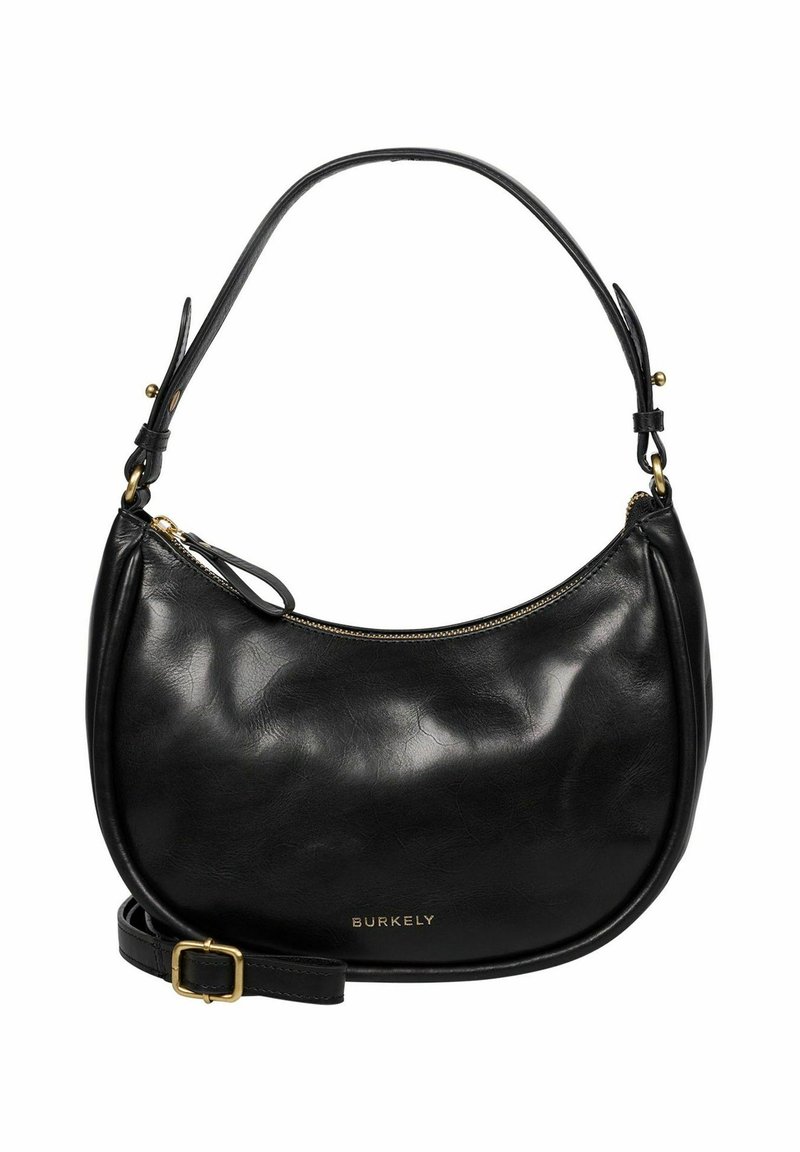 Borsetta a mezzaluna in pelle nera con tracolla regolabile, zip dorata e logo "Burkely" impresso in oro sul davanti.