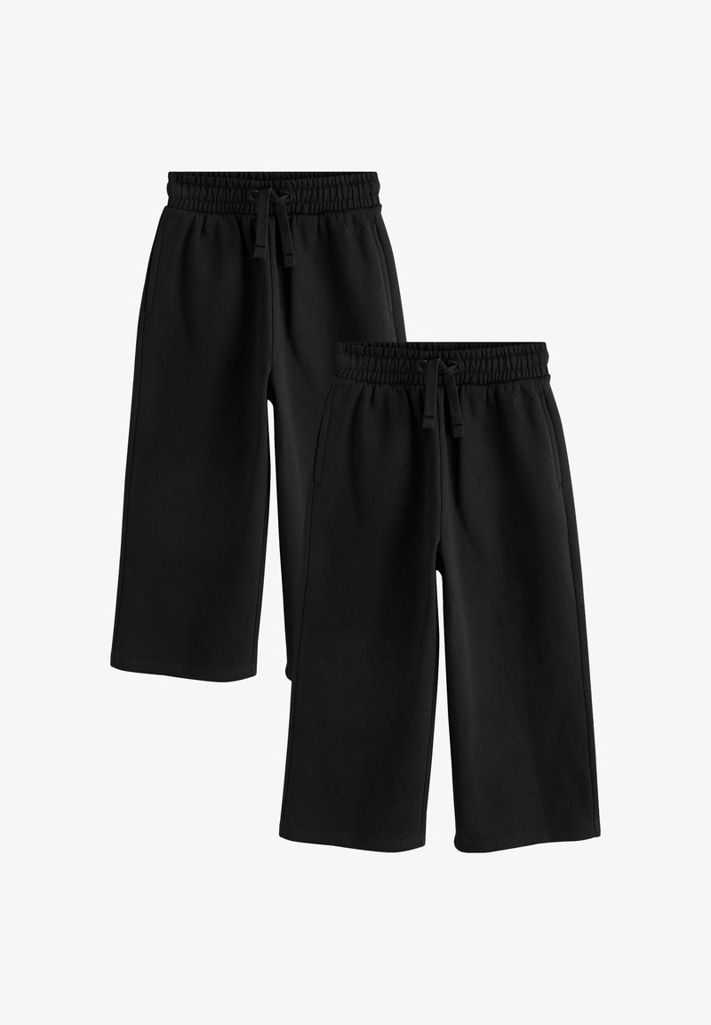 Deux pantalons larges noirs en coupe raccourcie avec taille élastique et cordons de serrage, présentés sur un fond blanc.