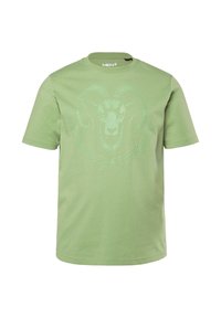 Camiseta de algodón verde con mangas cortas, que presenta un gráfico frontal de la cabeza de un carnero rodeada de una corona de laurel en un tono más claro.