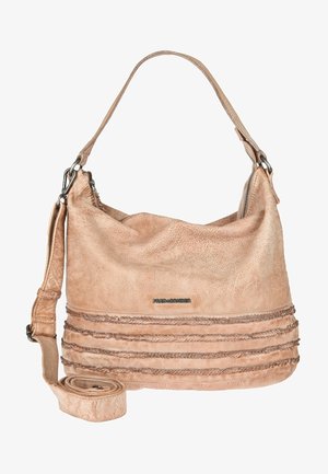 Světle růžová kožená kabelka se uvolněným designem. Obsahuje pletené akcenty a nastavitelné ramenní popruhy. Zipové uzávěr na vrchu.