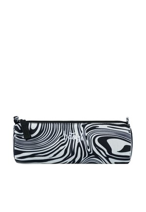 Penna in tessuto durevole con zip, in bianco e nero, caratterizzata da un motivo ondulato e dotata di un piccolo tirante per un facile accesso.