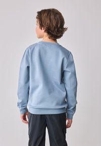 Lichtblauwe trui met een gestructureerd visgraatpatroon, ronde hals, geribbelde manchetten en zoom. Het ontwerp aan de achterkant is eenvoudig en strak.