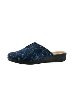 Scarpa slip-on navy con motivo floreale in azzurro chiaro, tomaia in tessuto morbido, suola nera imbottita, punta arrotondata e design minimalista.