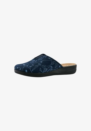 Scarpa slip-on navy con motivo floreale in azzurro chiaro, tomaia in tessuto morbido, suola nera imbottita, punta arrotondata e design minimalista.