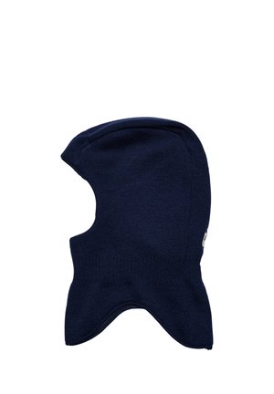 Mørkeblå strikket balaclava med fuld dækning af hoved og hals og en åbning til ansigtet, vist på en hvid baggrund.