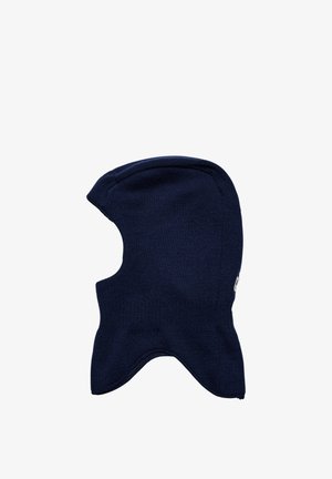 Mørkeblå strikket balaclava med fuld dækning af hoved og hals og en åbning til ansigtet, vist på en hvid baggrund.