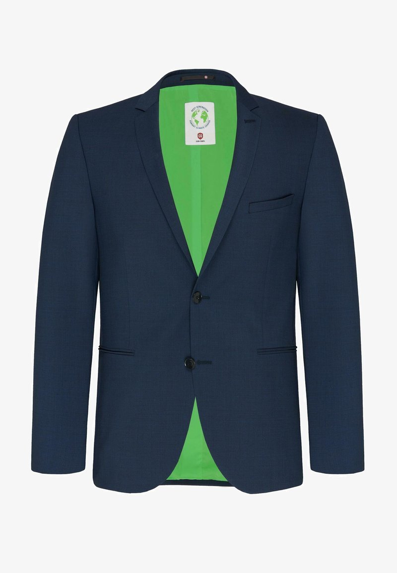 Navy blazer with a slim fit, featuring a single button closure, notched lapels, and a bright green interior lining. Includes a chest pocket.