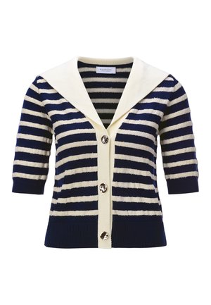 Navy blue and white striped knit cardigan with wide cream collar, three large shiny buttons, and half-length sleeves.
