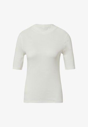 Prazna bijela majica kratkih rukava s visokim okruglim izrezom, prikazana na ravnoj bijeloj pozadini.