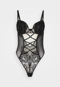 Body nero con dettagli in pizzo, pannelli in mesh trasparente, coppe sagomate, spalline regolabili e accenti decorativi in metallo.