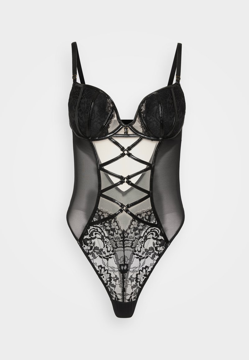 Body nero con dettagli in pizzo, pannelli in mesh trasparente, coppe sagomate, spalline regolabili e accenti decorativi in metallo.