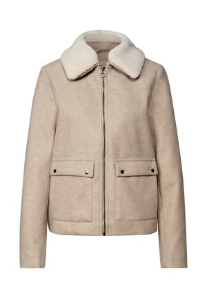 Beige wollenblend jas met een schapenvachtkraag, voorrits en twee klepzakken. Beschikt over een gladde textuur en een gestructureerd ontwerp.