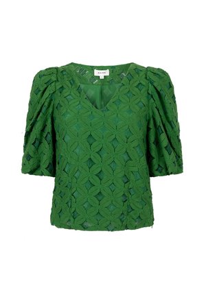 Grüne Bluse mit gepufften kurzen Ärmeln und strukturiertem floralen Spitzenmuster, mit V-Ausschnitt und halbtransparenten Stofflagen.