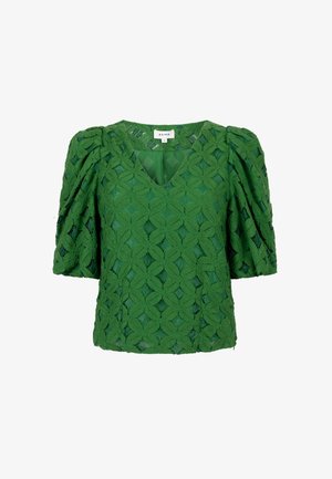 Grüne Bluse mit gepufften kurzen Ärmeln und strukturiertem floralen Spitzenmuster, mit V-Ausschnitt und halbtransparenten Stofflagen.