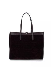 Borsa tote rettangolare marrone scuro con due manici lunghi, chiusura a scatto superiore e finiture in pelle su uno sfondo bianco.