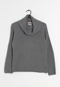 Gray ribbed knit sweater with a cowl neckline and long sleeves, featuring side slits at the hem and a textured surface.