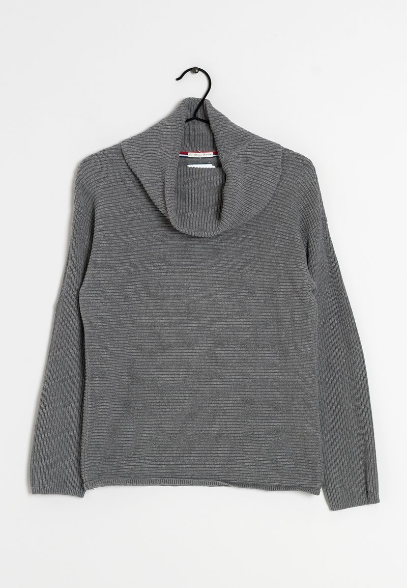 Gray ribbed knit sweater with a cowl neckline and long sleeves, featuring side slits at the hem and a textured surface.