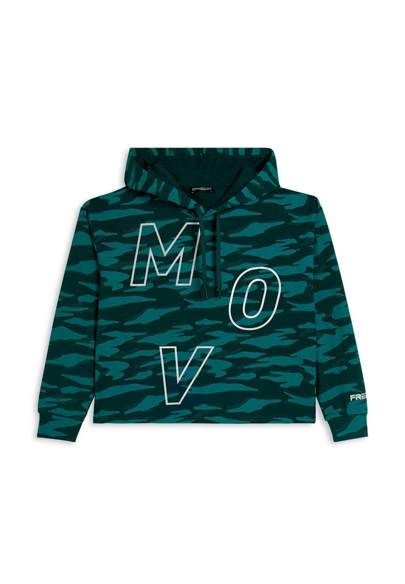 Sudadera con capucha de camuflaje verde y negro con "MOVE" impreso en letras blancas grandes y contorneadas, que cuenta con un bolsillo frontal y cordones en la capucha.