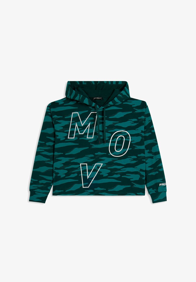 Sudadera con capucha de camuflaje verde y negro con "MOVE" impreso en letras blancas grandes y contorneadas, que cuenta con un bolsillo frontal y cordones en la capucha.