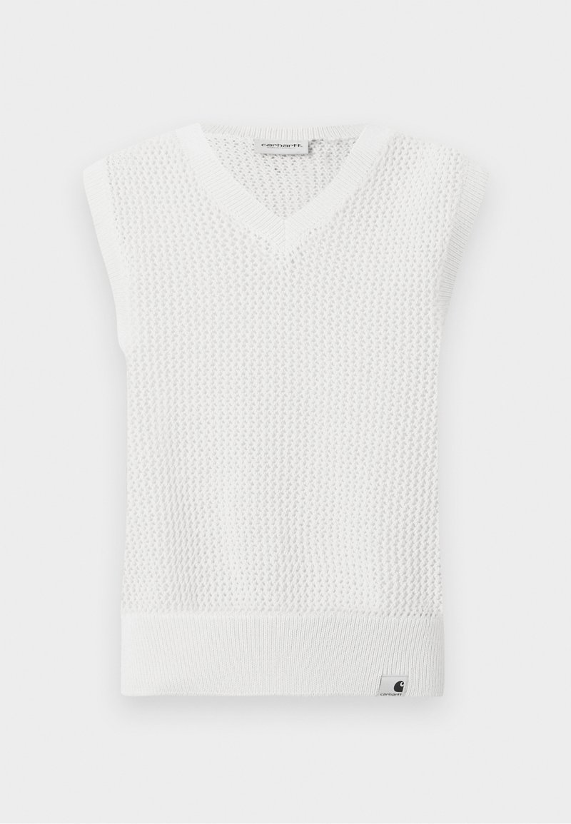 Maglione bianco senza maniche con scollo a V, motivo a maglia testurizzato e bordi a coste. Include una piccola etichetta con il logo Carhartt sull'orlo.