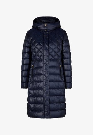 Navy blue puffer coat with diamond quilted design, featuring a hood, front zipper, and two zippered side pockets. Shiny, smooth texture.