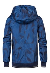 Veste à capuche bleue avec des motifs abstraits sombres, des poignets élastiques et un ourlet côtelé avec de fines rayures claires, vue de dos.