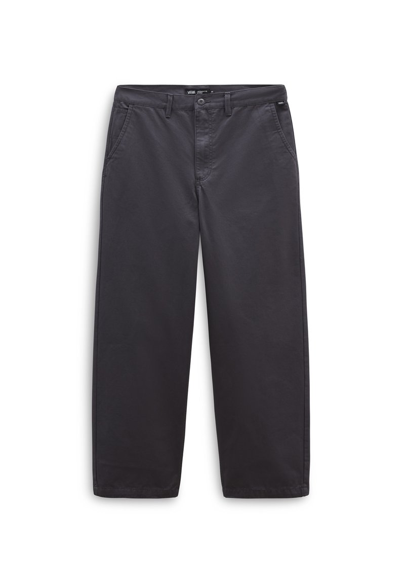 Pantaloni neri a gamba larga in cotone, con chiusura frontale a zip e bottone, passanti per cintura e tasche laterali. Tessuto morbido.