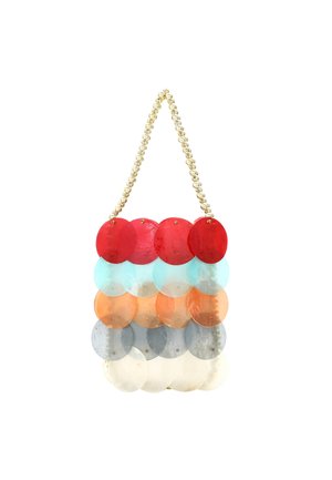 Beaded kabelka s řetězovým popruhem, zdobená barevnými kulatými disky v červené, modré, oranžové, šedé a bílé barvě uspořádanými do řad.