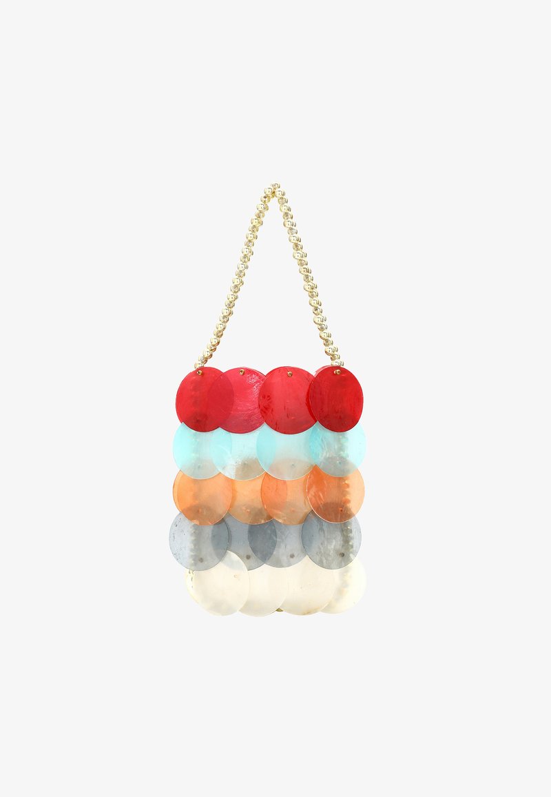 Beaded handtas met een kettingriem, versierd met kleurrijke ronde schijven in rood, blauw, oranje, grijs en wit, gerangschikt in rijen.