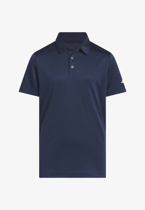 Marineblaues Polohemd mit kurzen Ärmeln, drei Knöpfen und klassischem Kragen, mit einem kleinen weißen Logo am linken Ärmel.