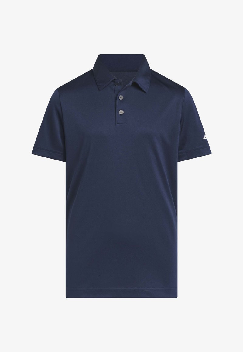 Polo bleu marine à manches courtes avec trois boutons et un col classique, arborant un petit logo blanc sur la manche gauche.