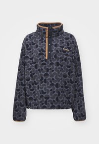 Fleece pullover in dark gray with a leaf pattern, high collar, tan trim, and three-button placket. Features a zippered pocket on the chest.