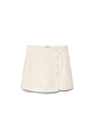 Minigonna color crema con sottili strisce verticali nere e quattro bottoni rivestiti in tessuto sul lato destro.