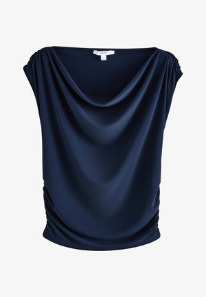 Marineblå kortærmet top med draperet cowl-hals. Har detaljer med rynkede skuldre og sidesmæk for ekstra tekstur. Glat, strækbart stof.