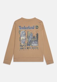 Felpa marrone con una stampa grafica di un stivale, dello skyline cittadino e del testo "Timberland" e "Boots with Roots" in blu e giallo.