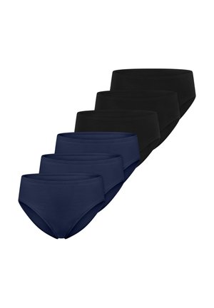 Drei marineblaue und drei schwarze Damen-Slips im Brief-Stil, angeordnet in zwei versetzten Reihen auf weißem Hintergrund.