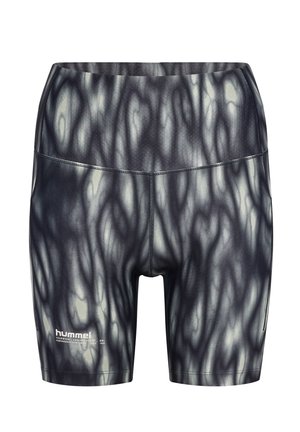 Zwarte en grijs gestreepte performance shorts met een gladde textuur, voorzien van een gestikte tailleband en de merknaam "hummel" aan de voorkant.