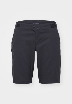Mørkegrå shorts laget av lettvektig stoff. Har to knapper i midjen, en glidelåslomme på siden, og en jevn tekstur.