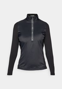 Černý dlouhý rukáv svetr s vysokým límcem a polovičním zipem, se lesklým předním panelem a matnými rukávy.