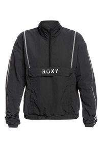 Svart vindjacka med hög krage, framdragkedja, grå detaljer och en logotyp på bröstet. Har elastiska ärmslut och nederkant.