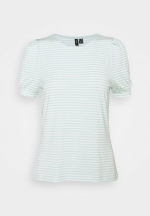 Camiseta de mujer de manga corta con rayas horizontales en verde menta y blanco, mangas abullonadas y escote redondo.