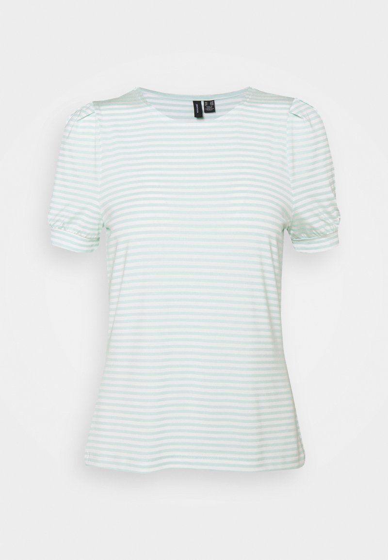 Dame kortærmet top med mintgrønne og hvide vandrette striber, puffede ærmer og rund halsudskæring.