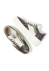 Snakeskin-patterned sneakers with a beige and brown design, featuring a chunky white sole and flat white laces. Textured upper with logo accents.